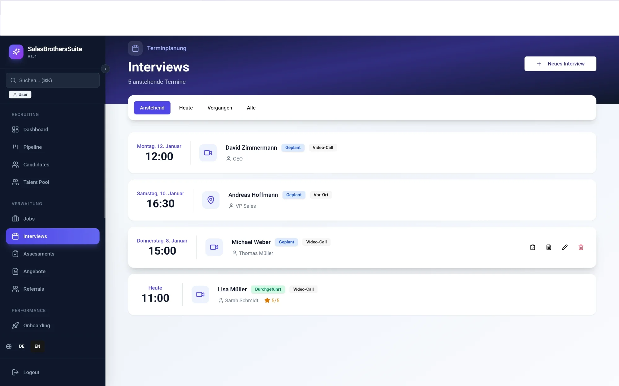 Interview-Kalender und Assessment Center in saleshiring.io