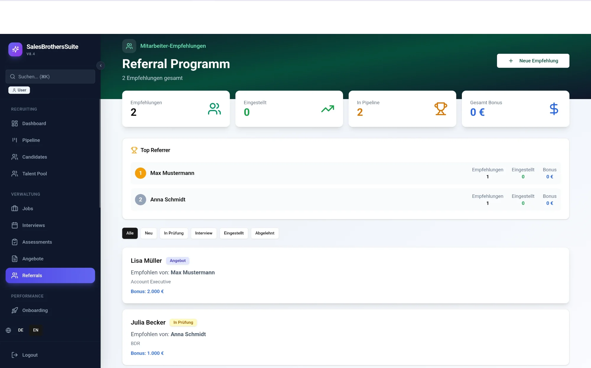 Referral-Programm mit Mitarbeiter-Empfehlungen und Bonus-Tracking